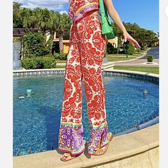 NEW Zara Satin Effect pyjama style Wide Leg Side Slit Pants in Orange, Sz S - Picture 8 of 16